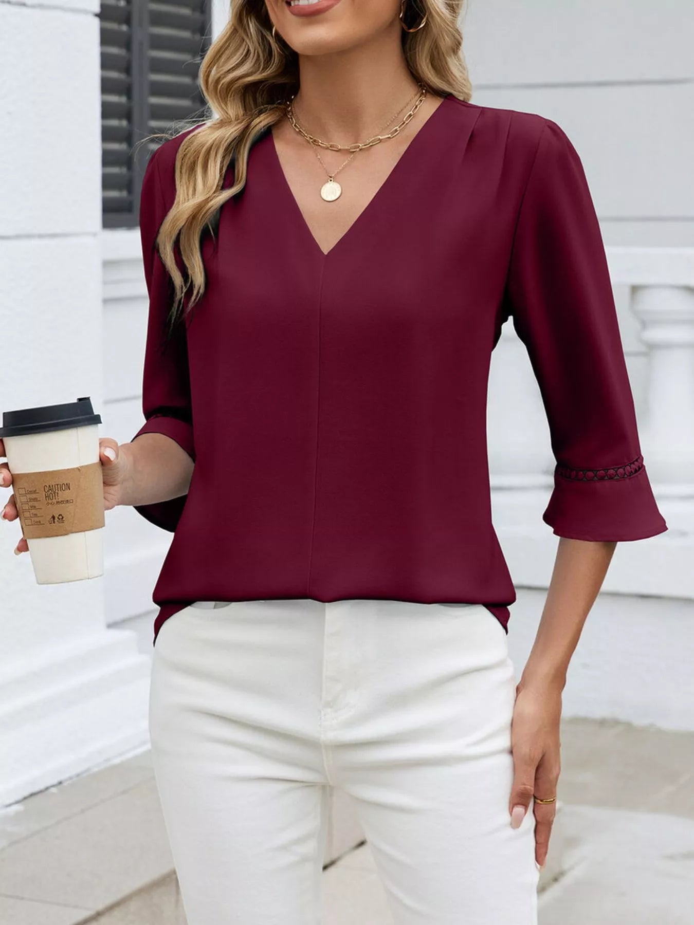 Sarah Express Women's V-Neck 3/4 Sleeve Blouse with Lace Detail