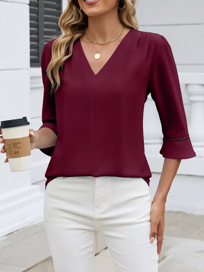 Sarah Express Women's V-Neck 3/4 Sleeve Blouse with Lace Detail
