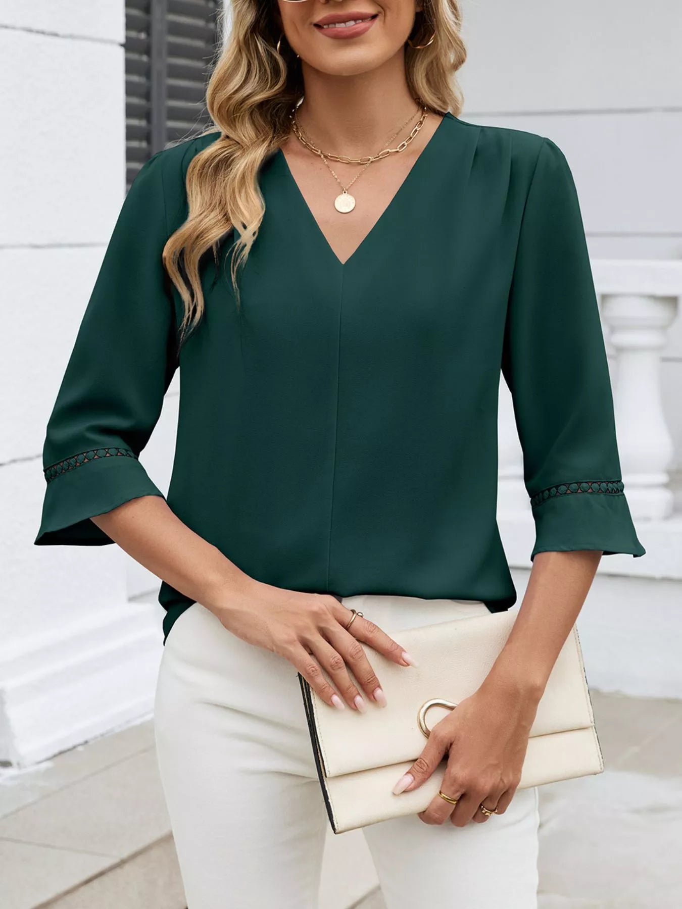 Sarah Express Women's V-Neck 3/4 Sleeve Blouse with Lace Detail