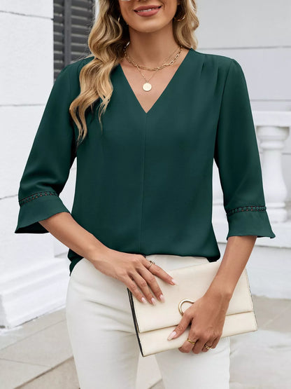 Sarah Express Women's V-Neck 3/4 Sleeve Blouse with Lace Detail