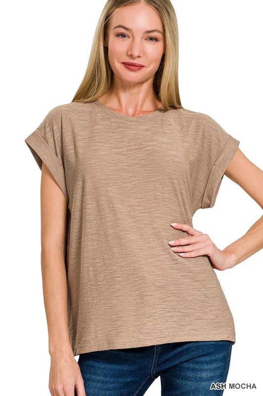 Sarah Express Women's Slub Cuffed Sleeve Tee ASH MOCHA