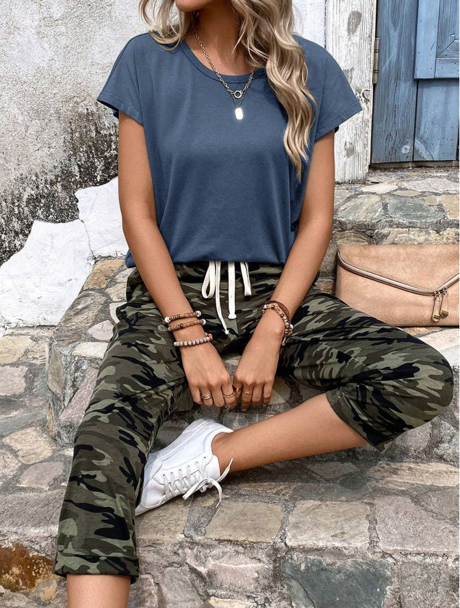 Sarah Express Solid Round Neck T-Shirt and Leopard Print Pants Two-Piece Set