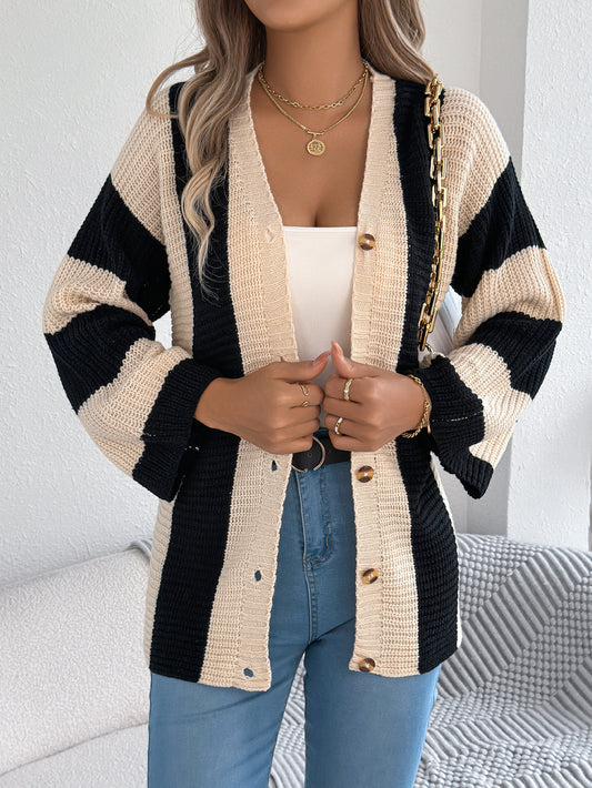 Sarah Express Women's Color Block Stripe Cardigan Sweater with Bell Sleeves - Long Sleeve Knit Coat