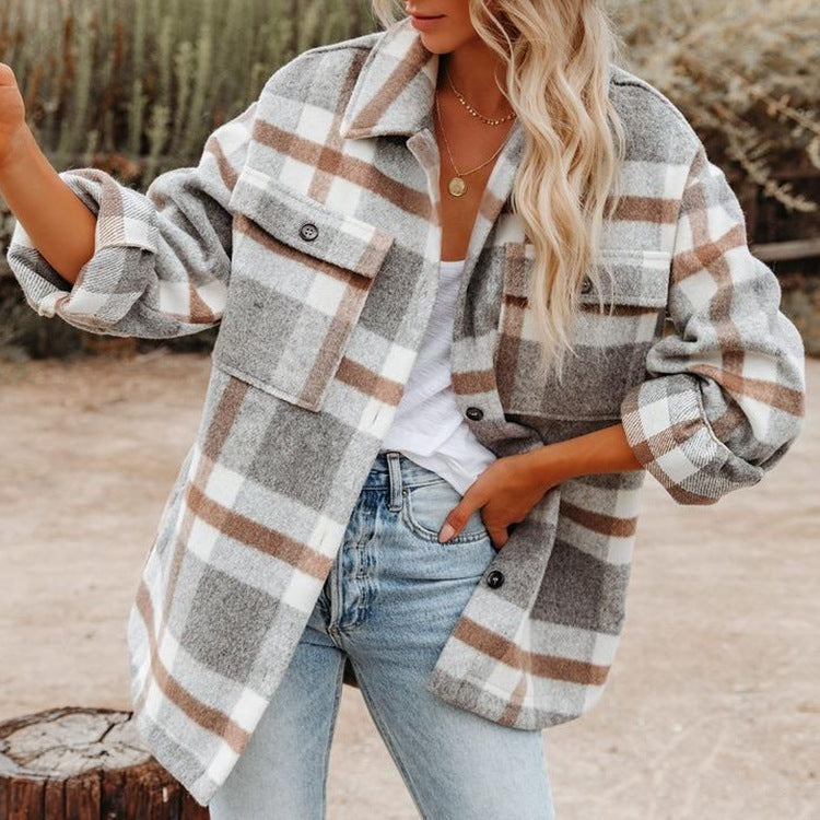Sarah Express Women's Plaid Flannel Woolen Button-Up Shirt Urban Cardigan Style