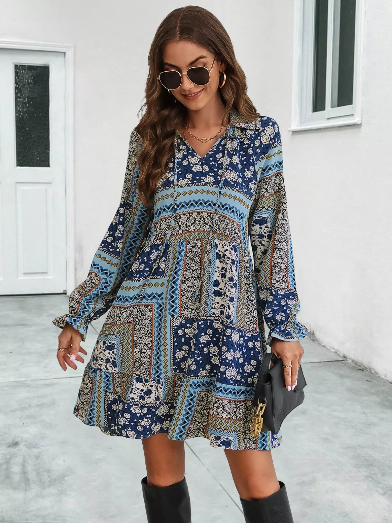 Sarah Express Women's Boho Floral Print Long Sleeve Mini Dress