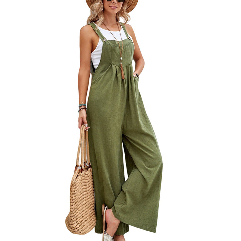 Sarah Express Women's Solid Color Cotton Suspender Trousers Casual Overall Straight Leg Mid Waist with Pockets
