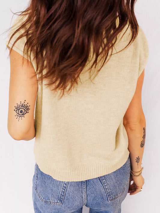 Sarah Express Women's Buttoned Front Rolled Hem Cap Sleeve Sweater Top