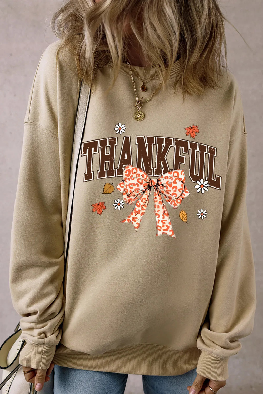 Sarah Express Women's THANKFUL Bow Round Neck Long Sleeve Sweatshirt Khaki