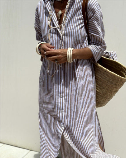 Sarah Express Women's Striped Shirt Dress Button Front Maxi with Belt