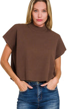 Sarah Express Women’s Boxy Mock Neck Short Sleeve Sweater Casual Spring Summer