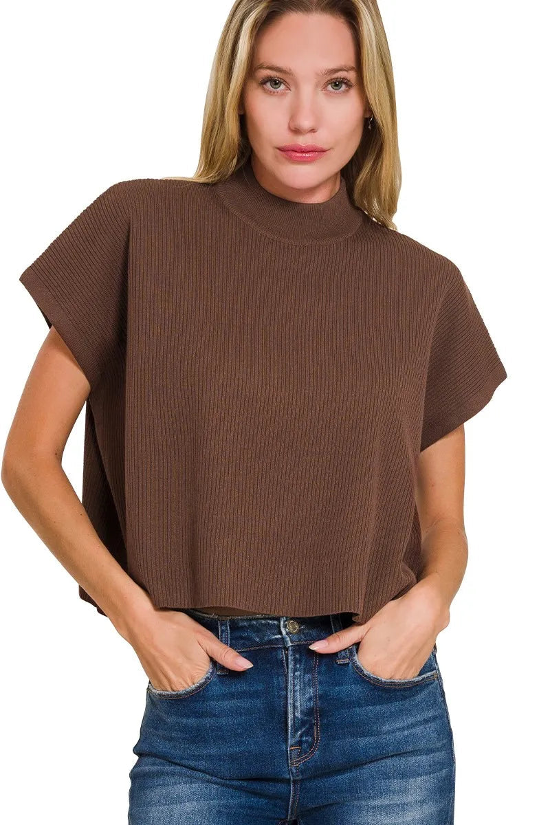 Sarah Express Women’s Boxy Mock Neck Short Sleeve Sweater Casual Spring Summer