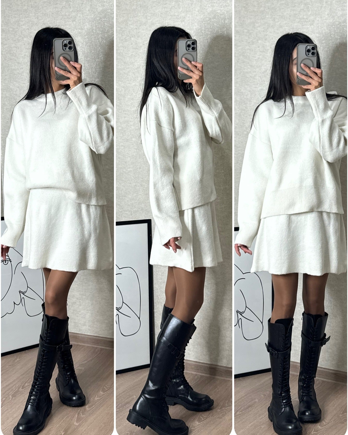 Sarah Express Women's Sweater Skirt Set - 2 Piece Knit Outfit Long Sleeve Pullover High Waist Mini Skirt White