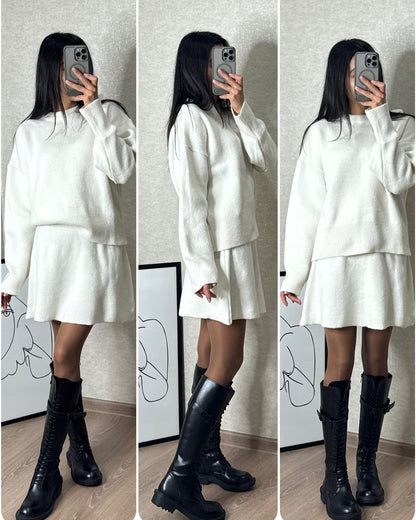 Sarah Express Women's Sweater Skirt Set - 2 Piece Knit Outfit Long Sleeve Pullover High Waist Mini Skirt White