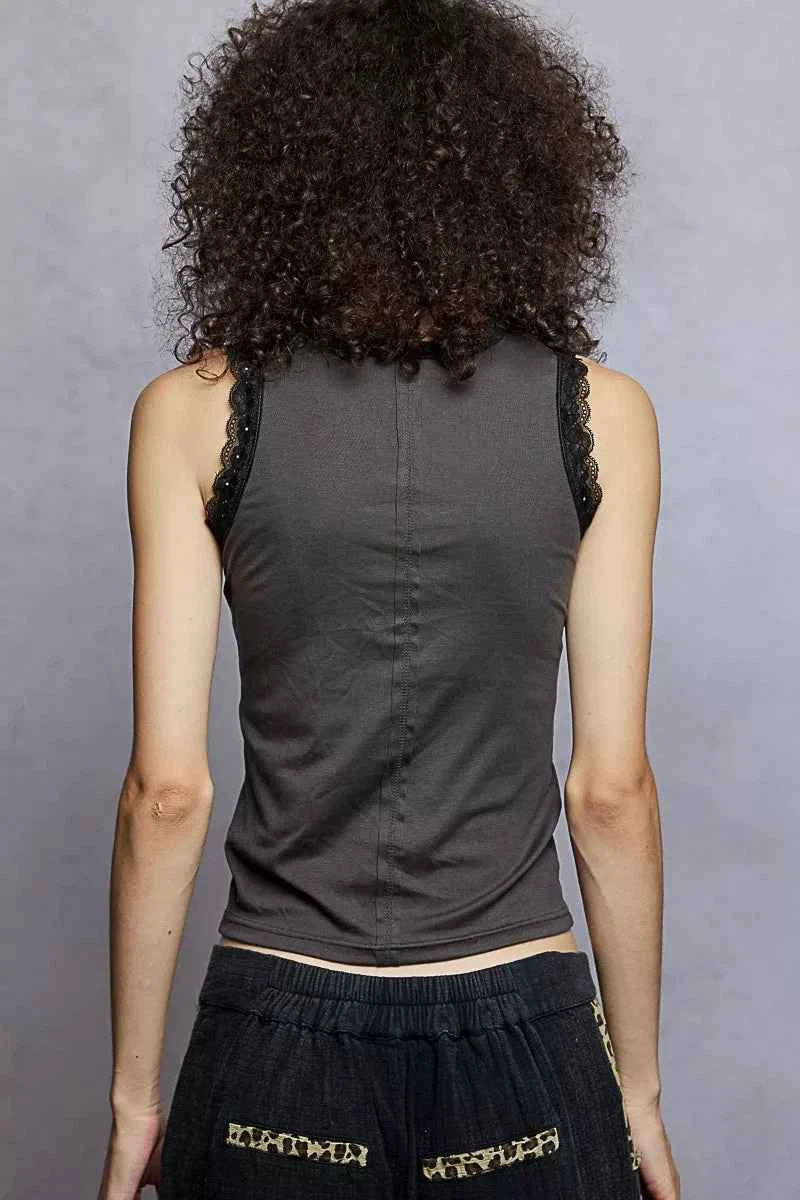 Sarah Express Women's Round Neck Cropped Tank Top with Lace Trim