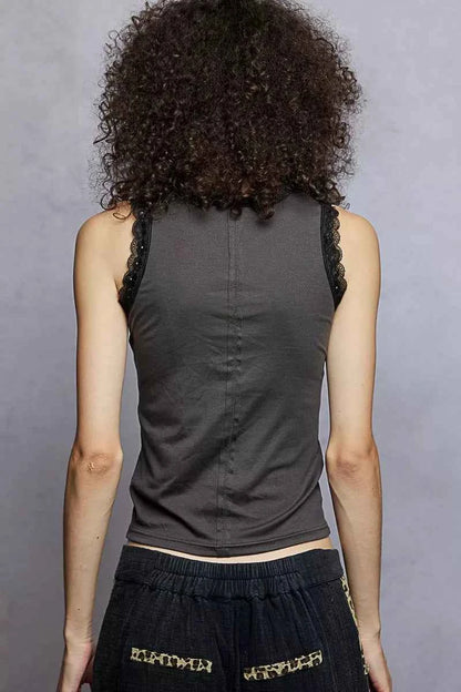 Sarah Express Women's Round Neck Cropped Tank Top with Lace Trim