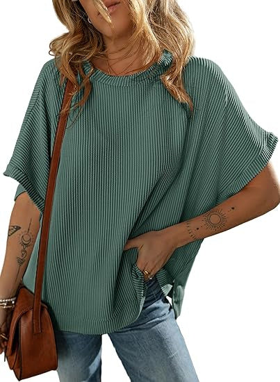 Sarah Express Solid Color Knitted T-Shirt Women's Half Sleeve Loose Casual Pullover Top