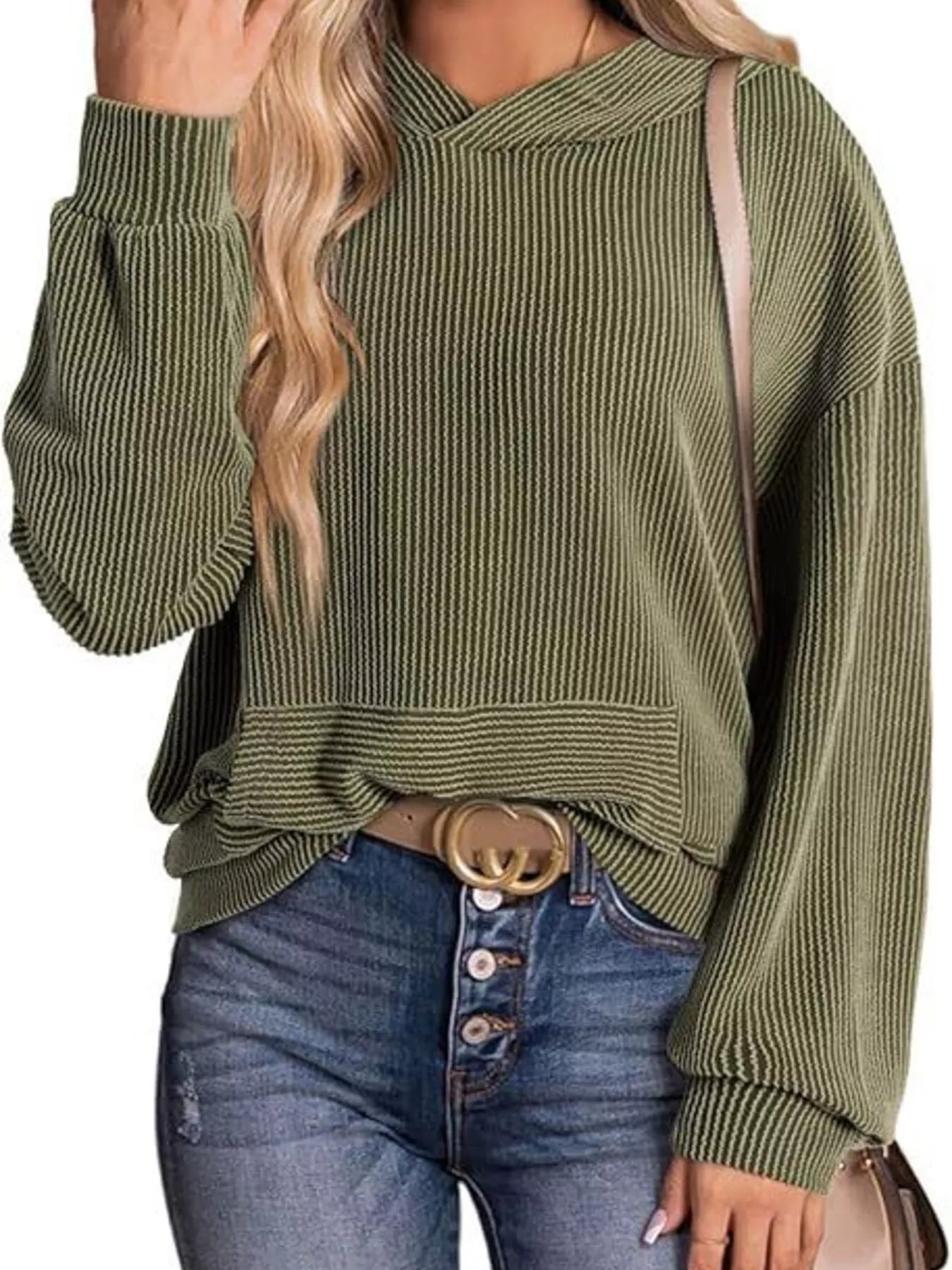 Sarah Express Women's Ribbed Oversized Hoodie Sweatshirt with Pocket