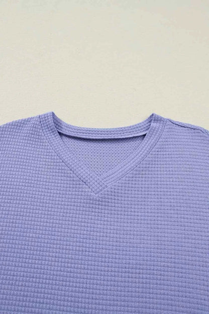 Sarah Express Women's Waffle Knit V-Neck Short Sleeve Top