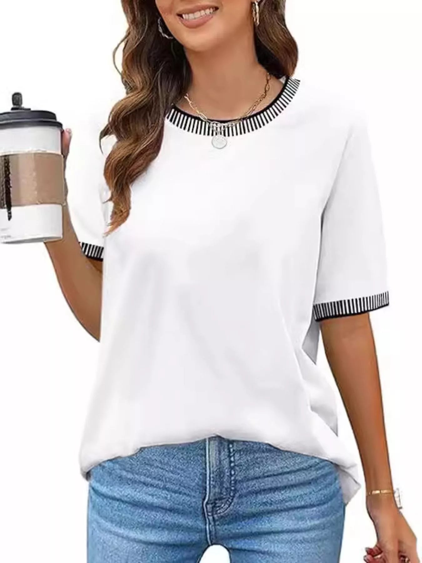 Sarah Express Women's Striped Trim Casual T-Shirt - Relaxed Fit Short Sleeve Top White