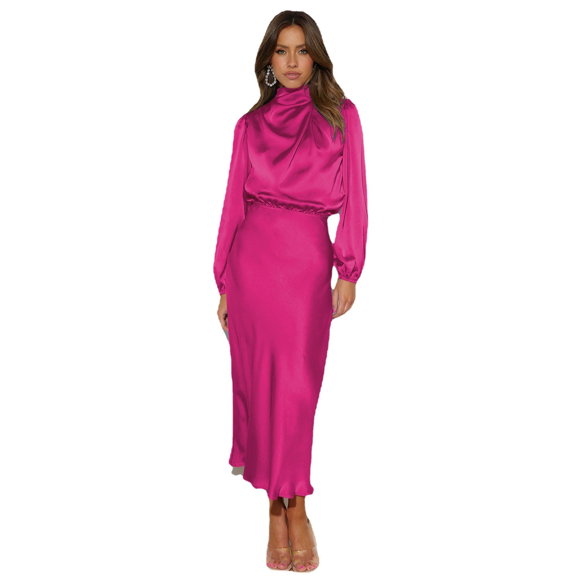 Sarah Express Women's Satin Formal Dress Halter Neck Long Sleeve Evening Midi Elegant