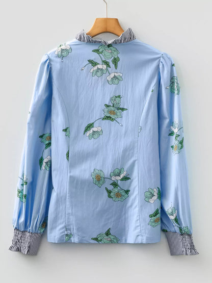 Sarah Express Women's Floral Print Contrast Striped Trim Ruffled V Neck Fall Blouse