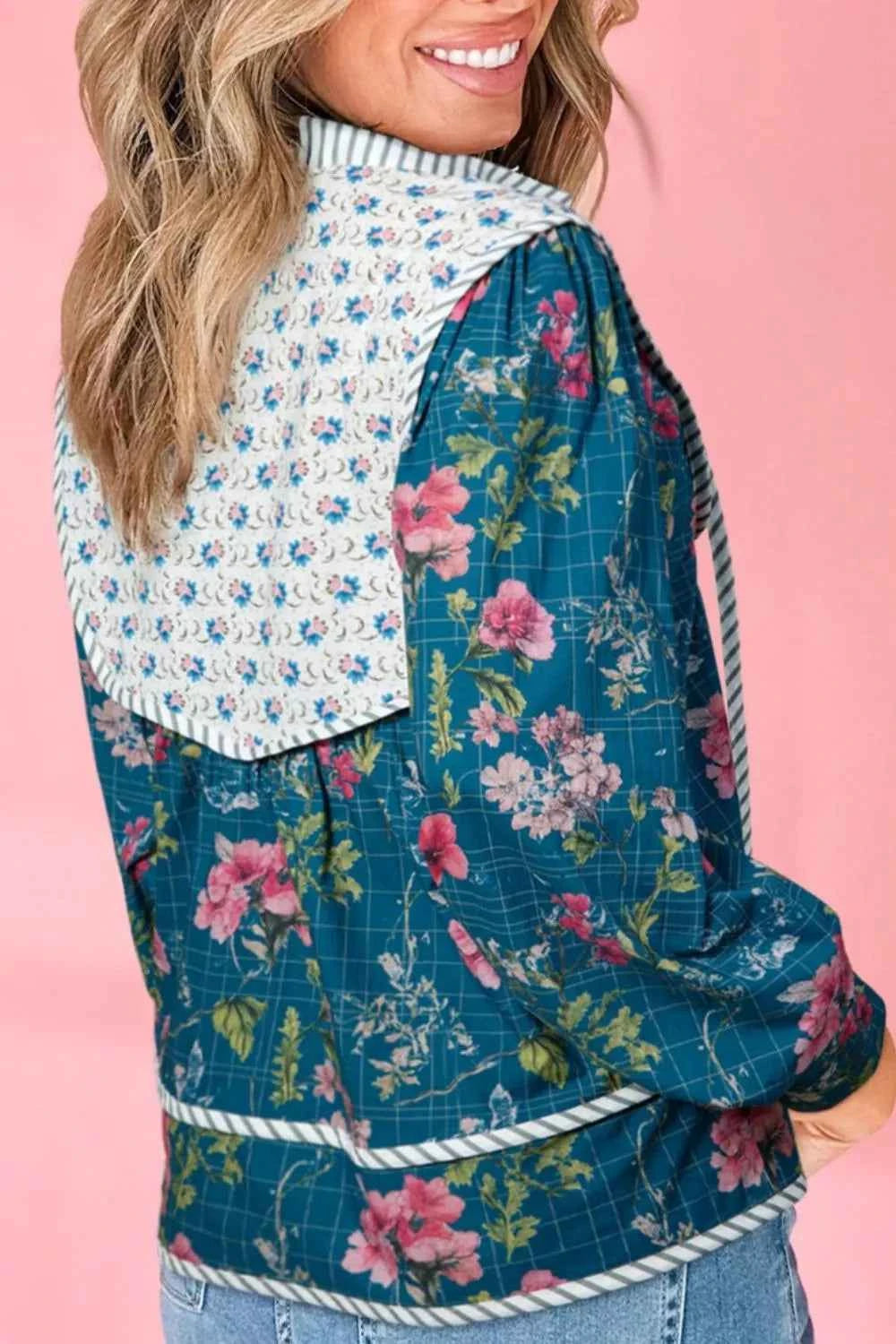 Sarah Express Women's Floral Print Puff Sleeve Blouse with Striped Trim