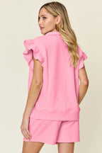 Sarah Express Women’s Plus Size Textured Flounce Sleeve Top and Shorts Set