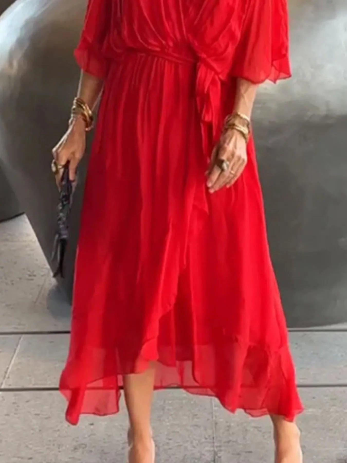 Sarah Express Women's Flowy Tie Front Midi Dress with Flutter Sleeves