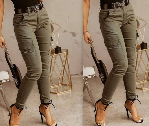 Sarah Express Women's Low Waist Cotton Blend Cargo Overalls Loose Fit Button Detail Trousers