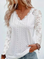 Sarah Express Women's Eyelet Lace Sleeve V-Neck Blouse Gray white
