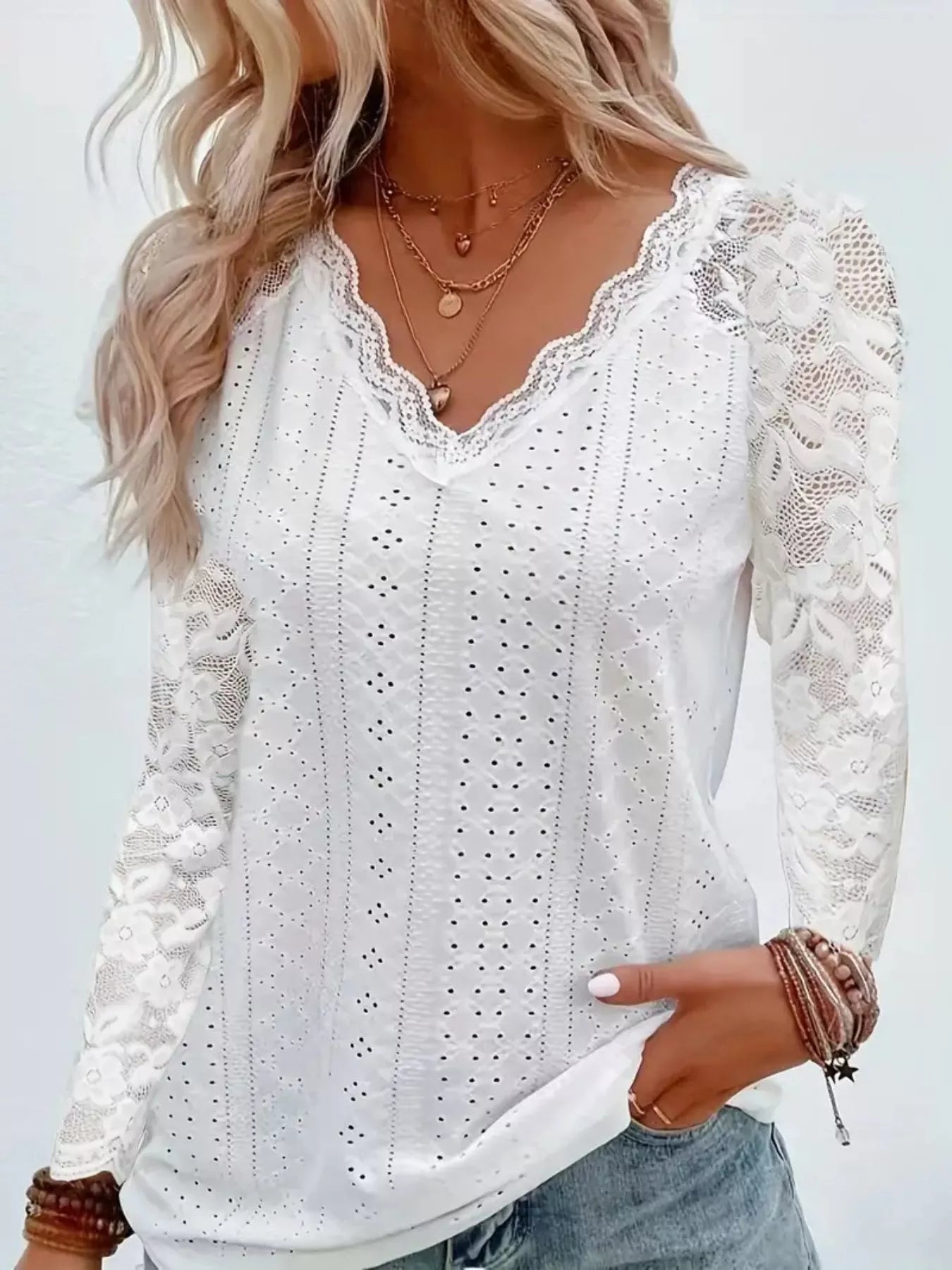 Sarah Express Women's Eyelet Lace Sleeve V-Neck Blouse Gray white