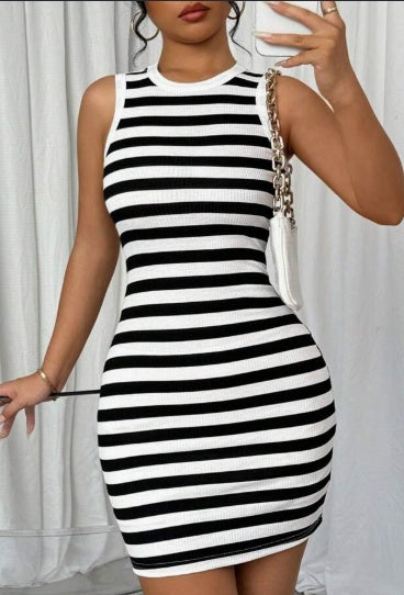 Sarah Express Women's Striped Rib Knit Bodycon Mini Dress Sleeveless Tank Style