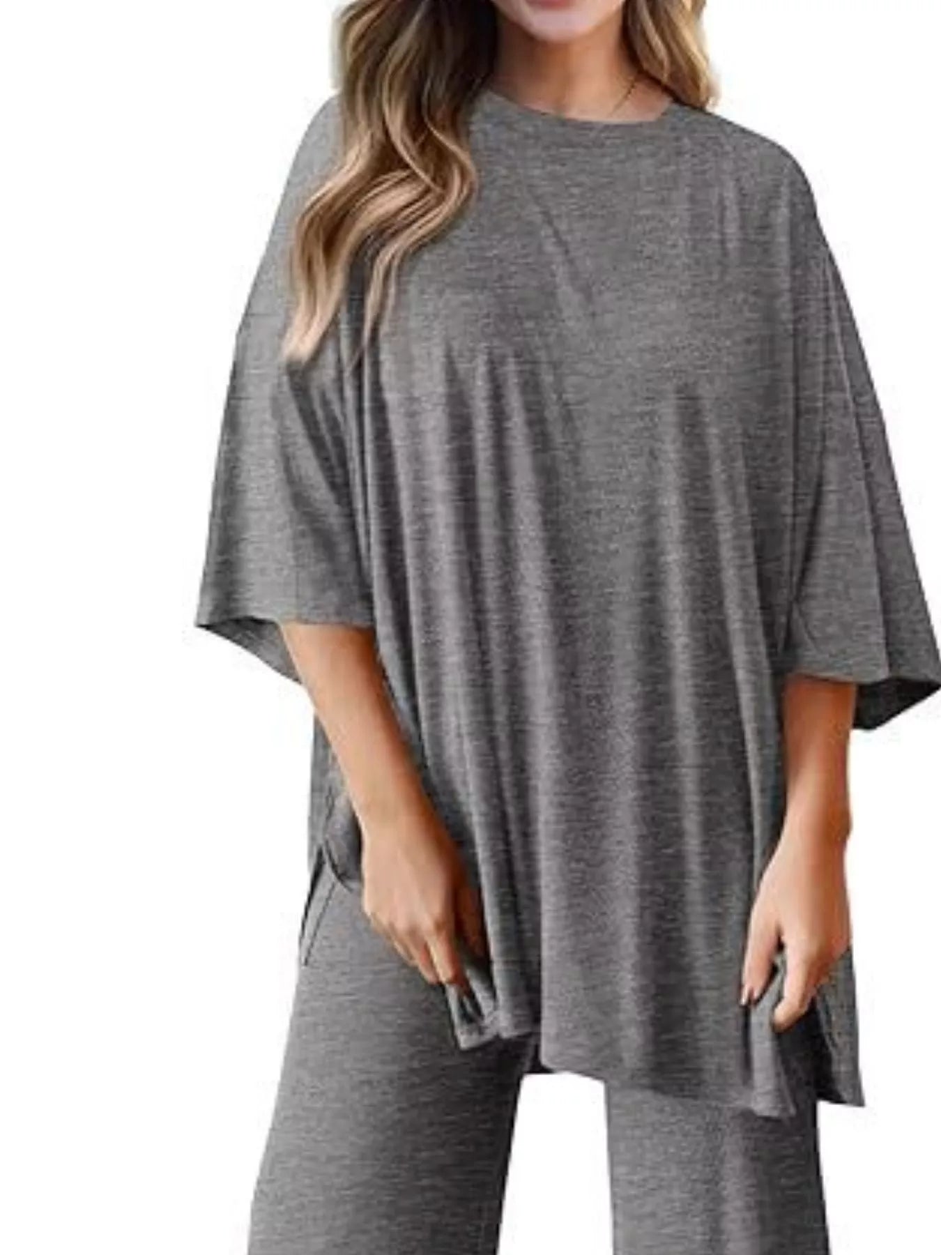 Sarah Express Women's Two Piece Slit Round Neck Top and Pants Set - Casual Loungewear Outfit