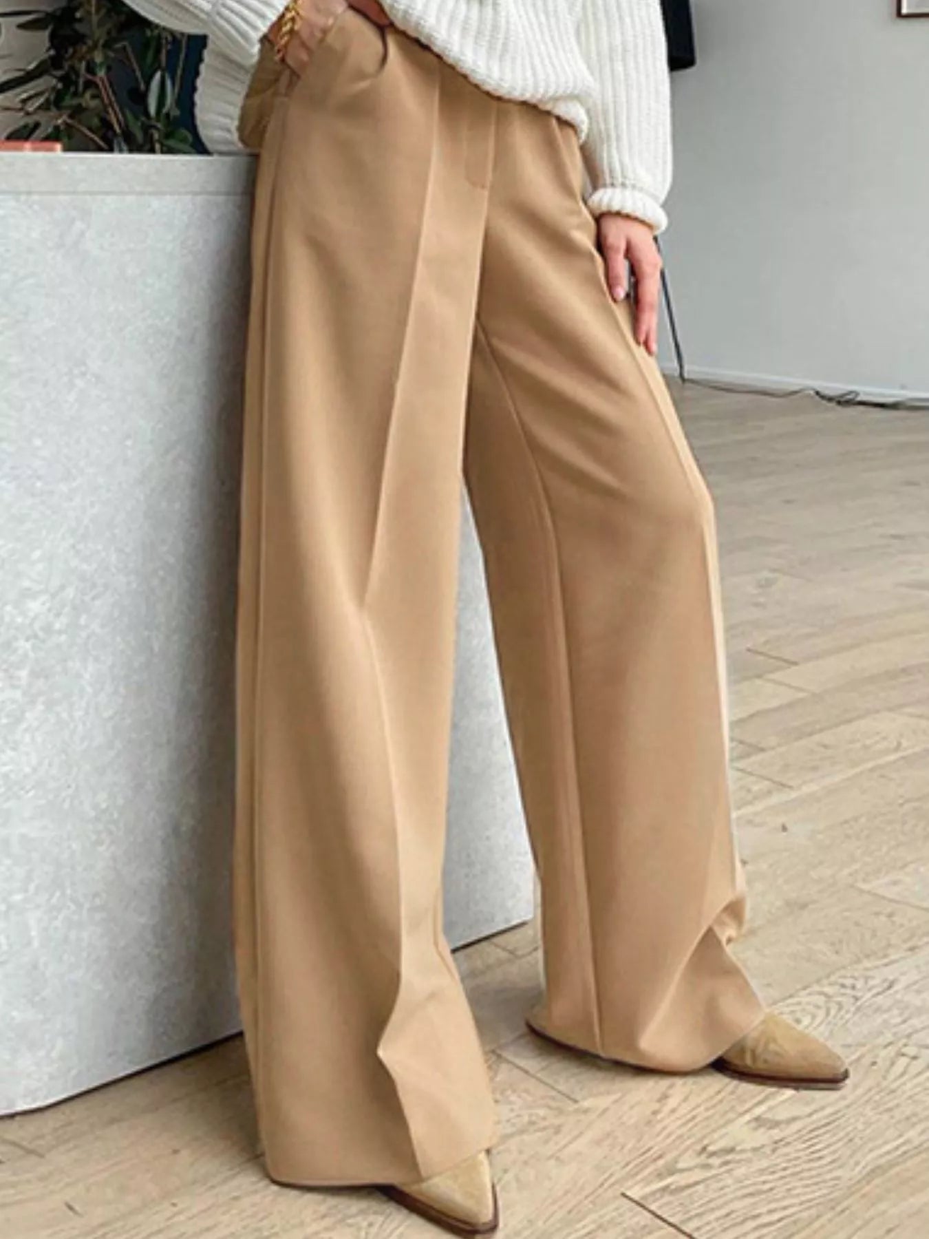 Sarah Express Women's Wide Leg Pleated Pants with Pockets - High Waist Palazzo Trousers Khaki