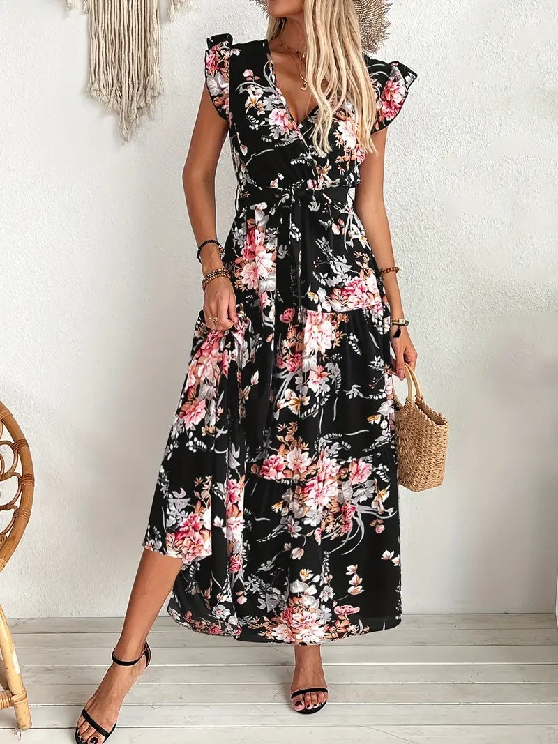 Sarah Express Women's Black Floral Print Dress Polyester