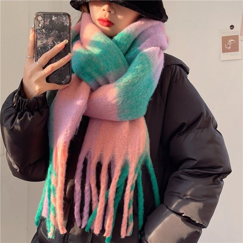 Sarah Express Rainbow Plaid Tassel Scarf Color Block Oversized Shawl Wrap