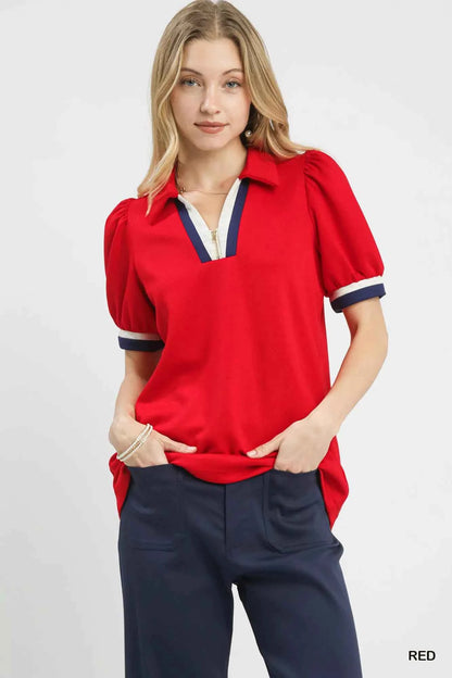 Sarah Express Women's Puff Sleeve Zip Front Top with Contrast Striped Trim - Ribbed Knit Half Zip Pullover RED