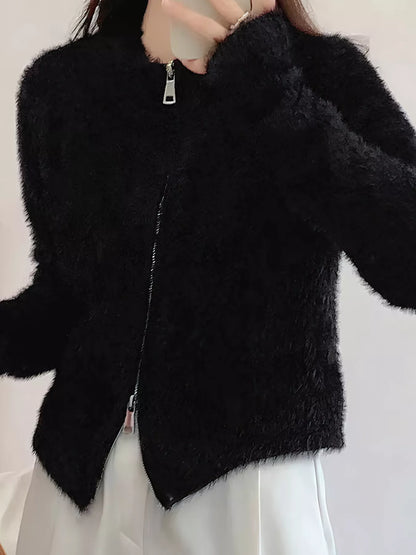 Sarah Express Women's Fluffy Knit Zip-Up Cardigan Black One Size