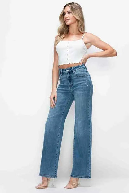 Sarah Express Women's High Rise Wide Leg Jeans with Pockets - Premium Stretch Denim