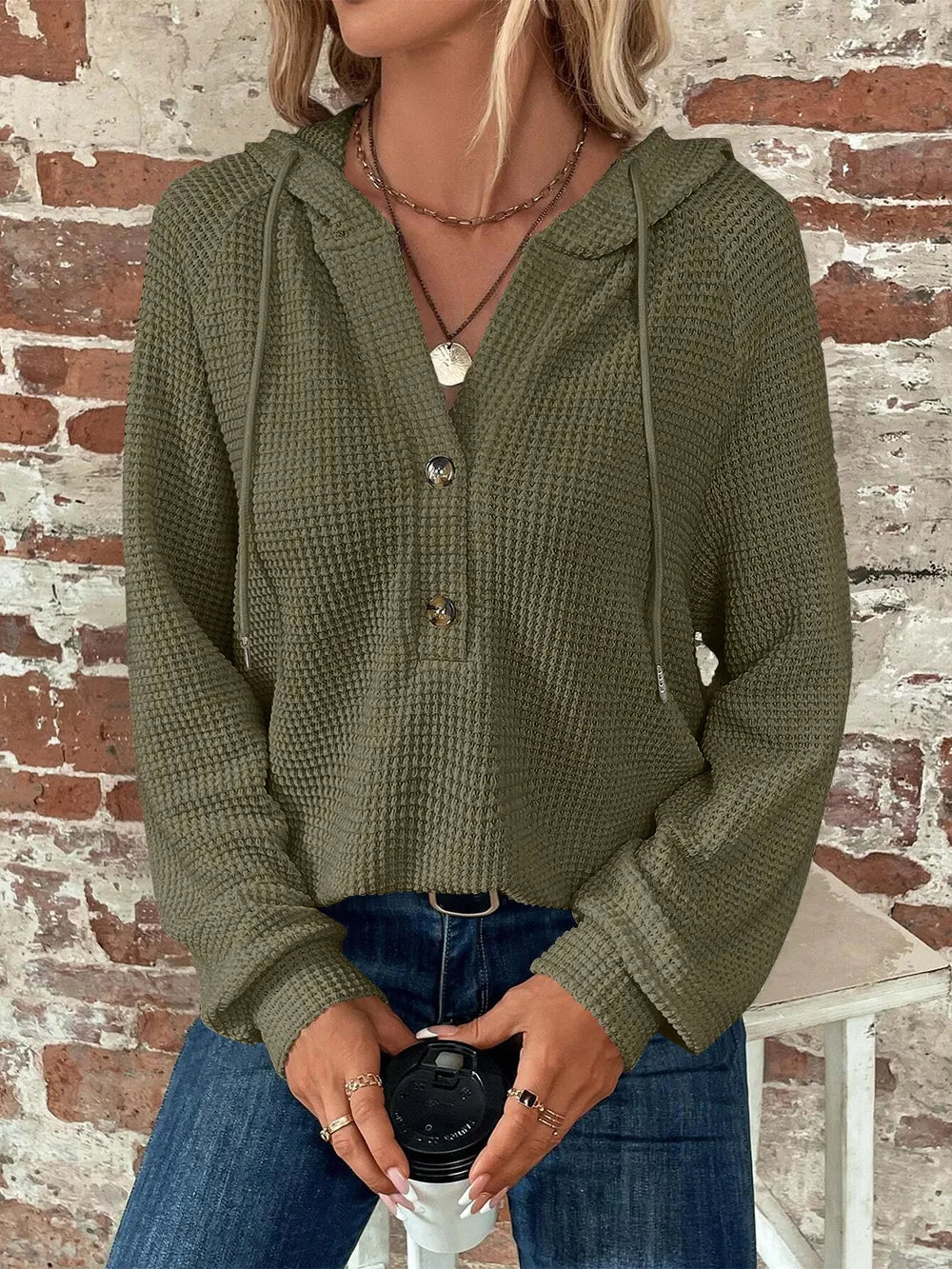 Sarah Express Women's Waffle Knit Long Sleeve Drawstring Hooded Top Moss