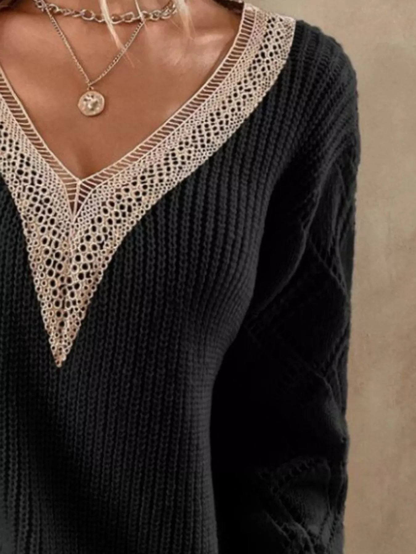 Sarah Express Women's V-Neck Openwork Sweater