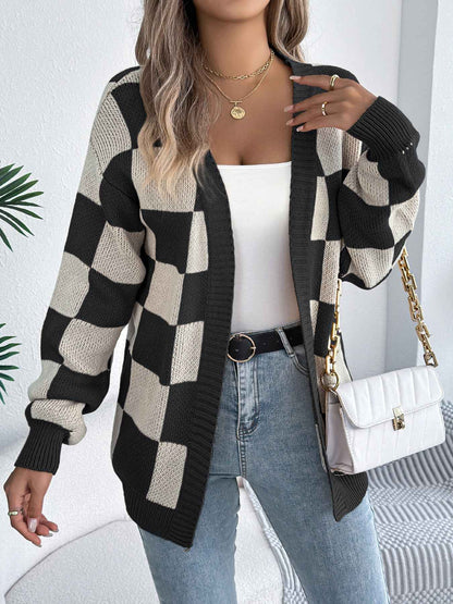 Sarah Express Women's Color Block Plaid Cardigan Sweater - Lantern Sleeve Mid-Length Knit Coat Black