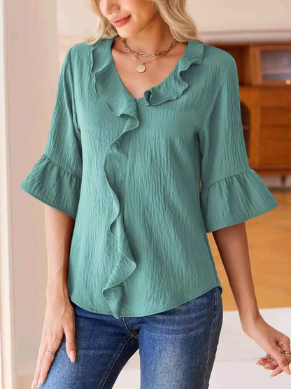 Sarah Express Women's Ruffled Flounce Sleeve Blouse - Elegant Polyester Top Green