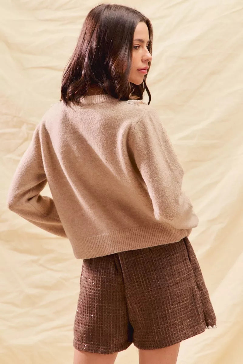 Sarah Express Women's Lace Trim Button Front Cardigan Sweater