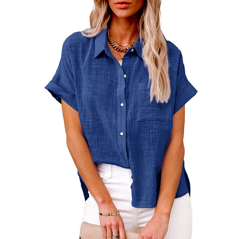 Sarah Express Women's Cotton Linen Short Sleeve Shirt Casual Button Up with Pockets