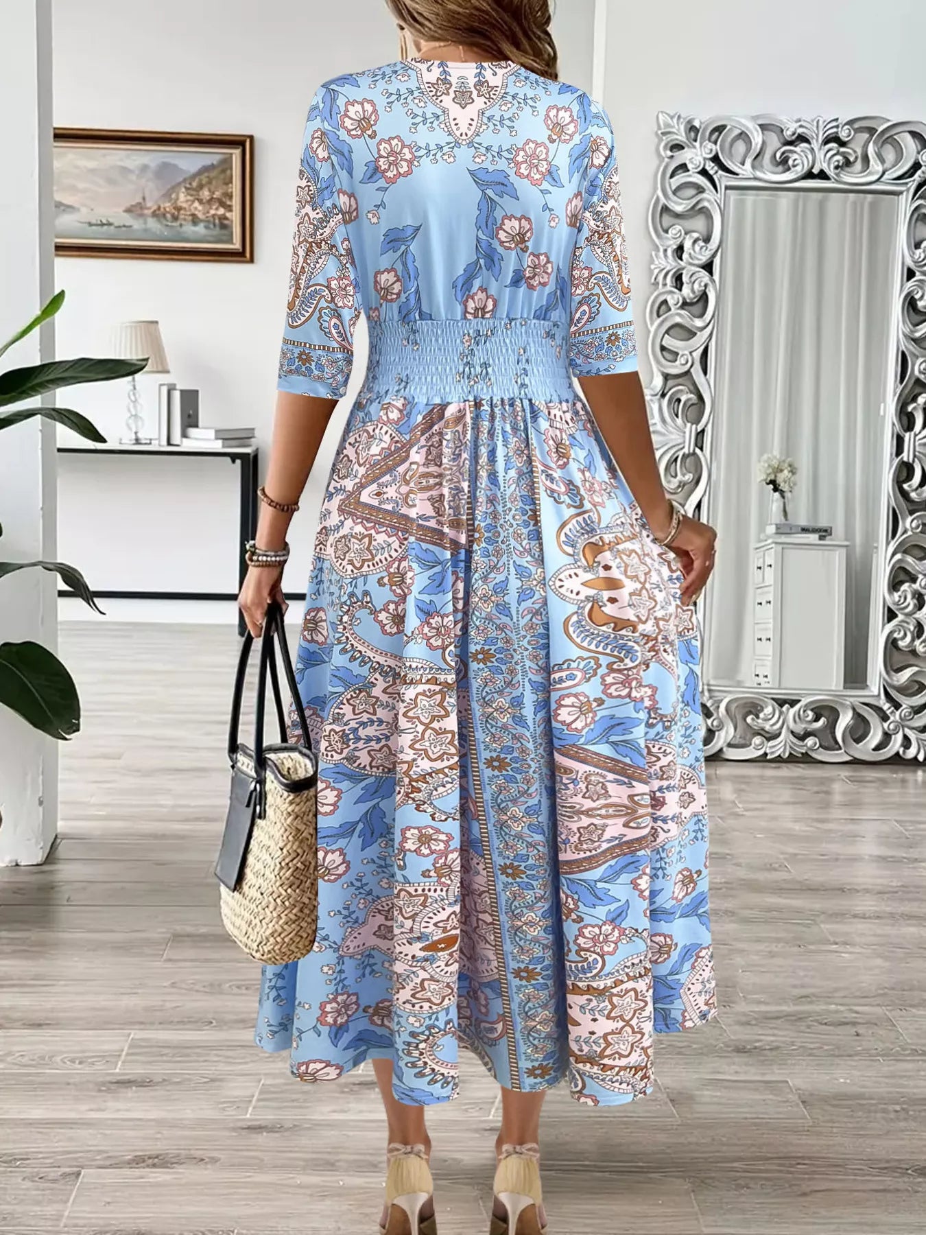 Sarah Express Women's Smocked Printed Half Sleeve Midi Dress