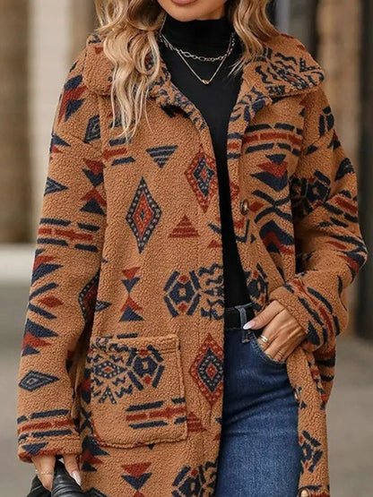 Sarah Express Women's Geometric Button Up Longline Coat - Oversized Trench Coat with Pockets