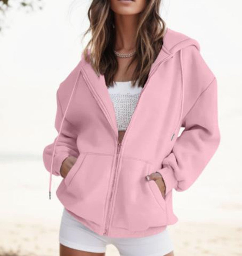 Sarah Express Women's Zip Up Hoodie Solid Color Drawstring Sweatshirt Casual Long Sleeve Fall Winter Top