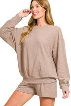 Sarah Express women’s slub knit lounge set with an oversized long sleeve top and matching shorts.
