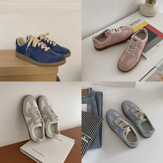 Sarah Express Women's Korean Retro Patchwork Lace-Up Flat Shoes - Round Toe Casual Leather Flats